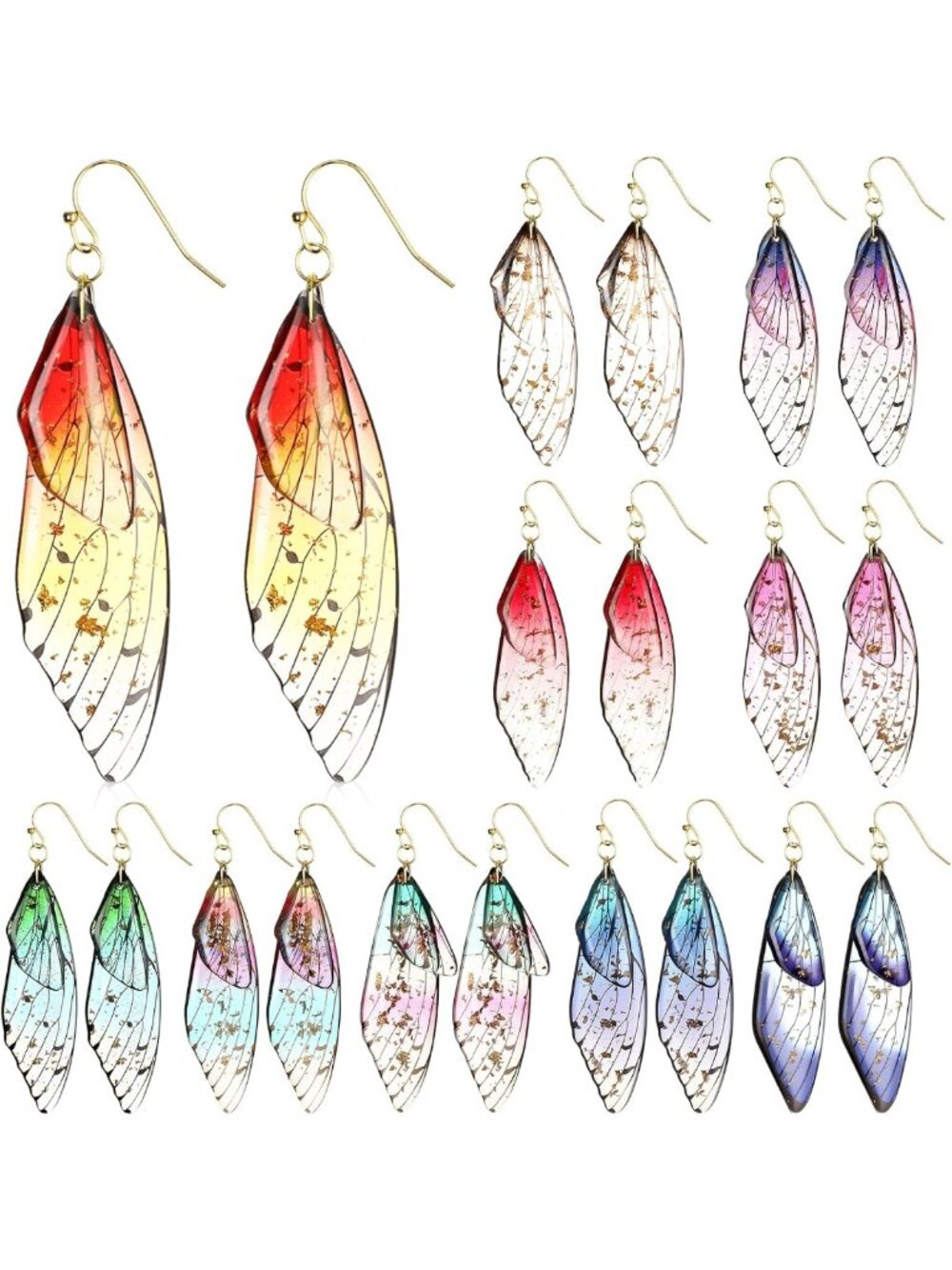 10 Pairs Butterfly Wing Dangle Earrings - Colorful Gradient Drop Jewelry